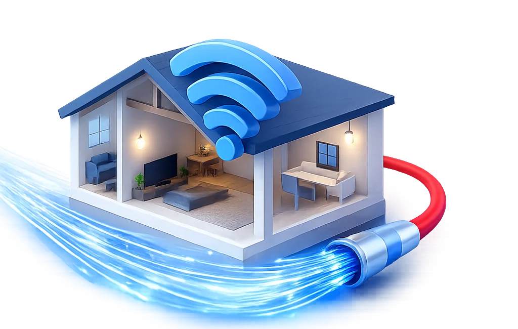 Casa conectada à internet fibra óptica da Itiel, com rastro de luz azul representando a fibra óptica